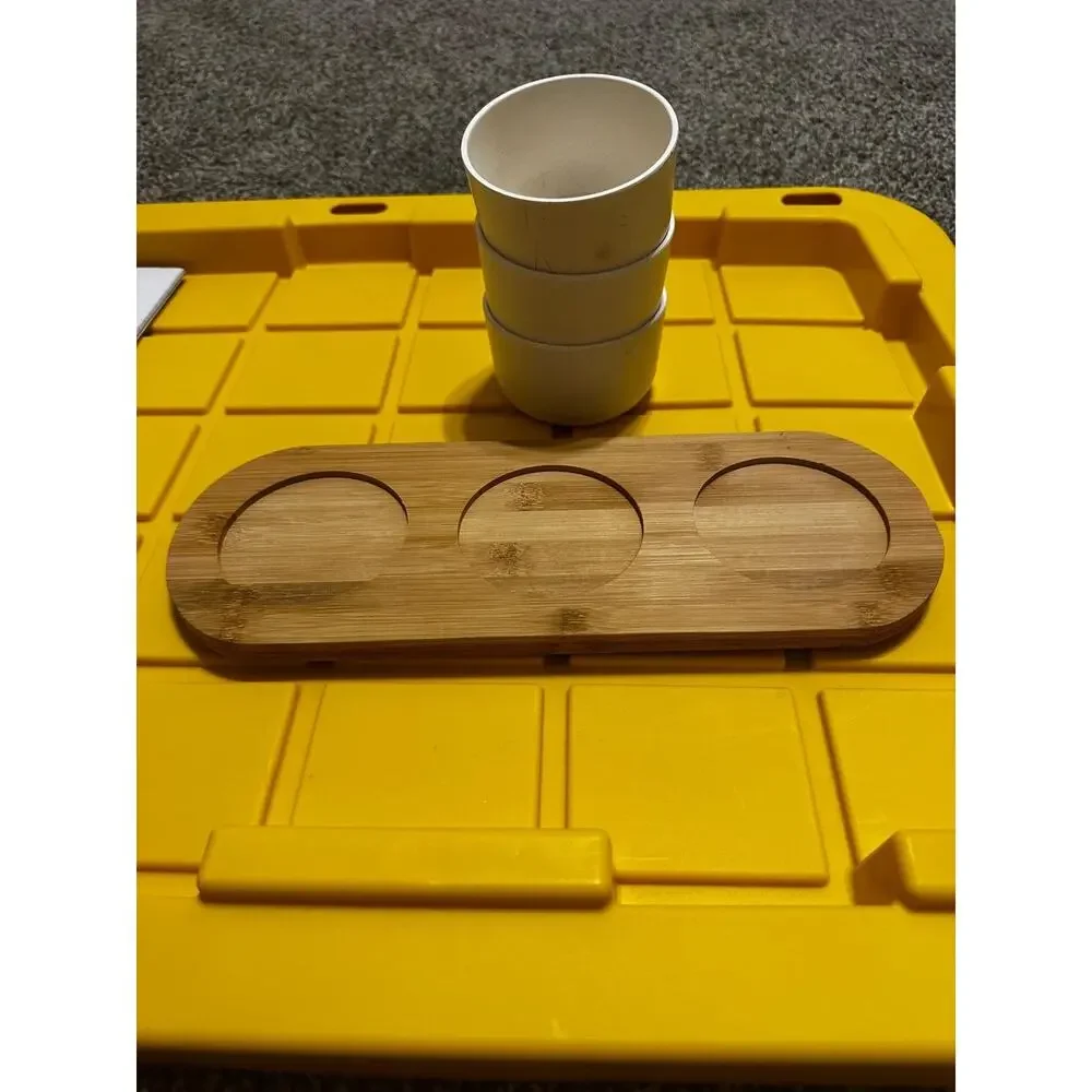 3 Piece Condiment Bowl Set White Plastic Bowls Bamboo Serving Tray